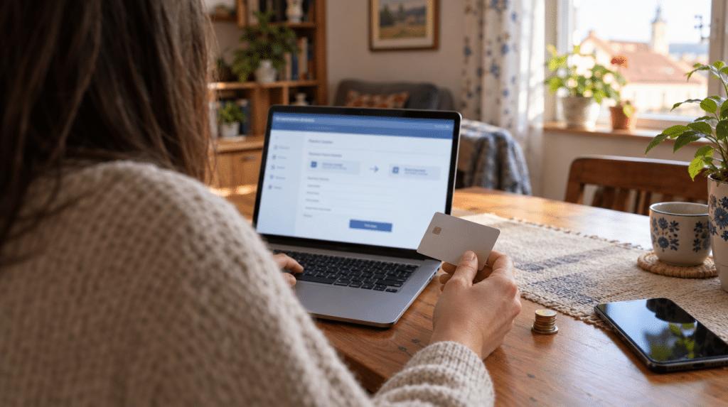 Nő bankkártyával a kezében netbankos átutalást indít a laptopján