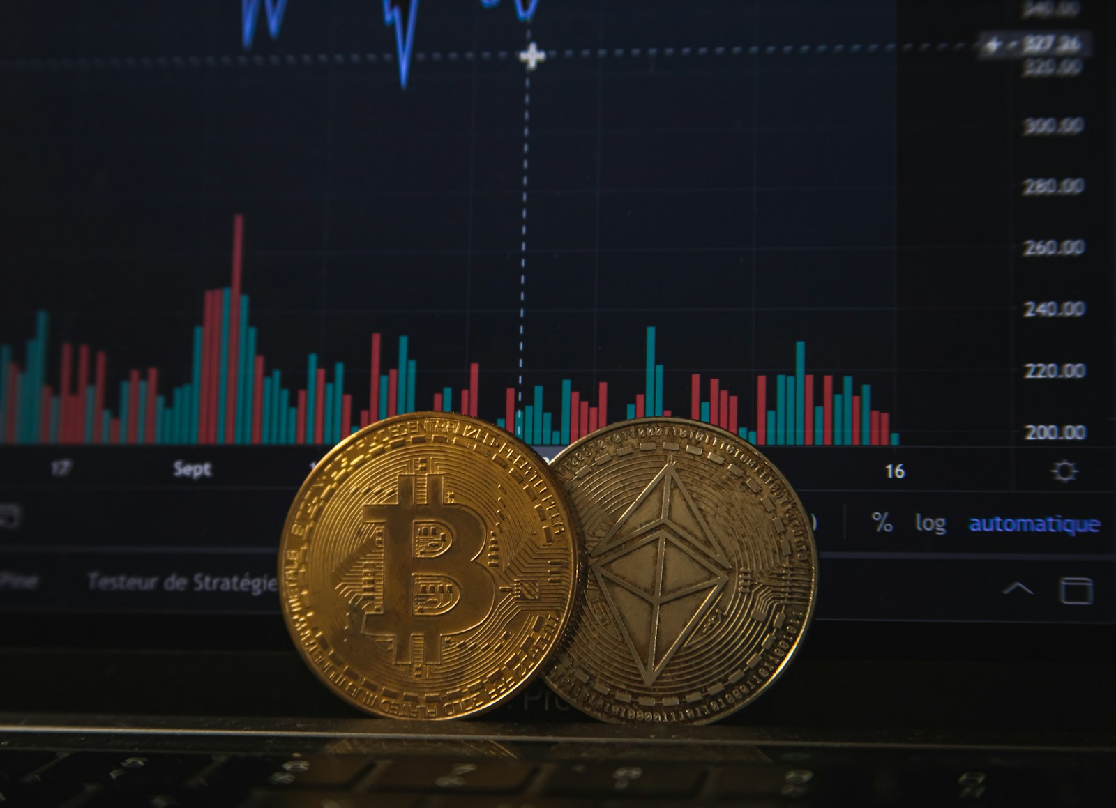 Bitcoin és ether érme egy árfolyamgrafikon előtt