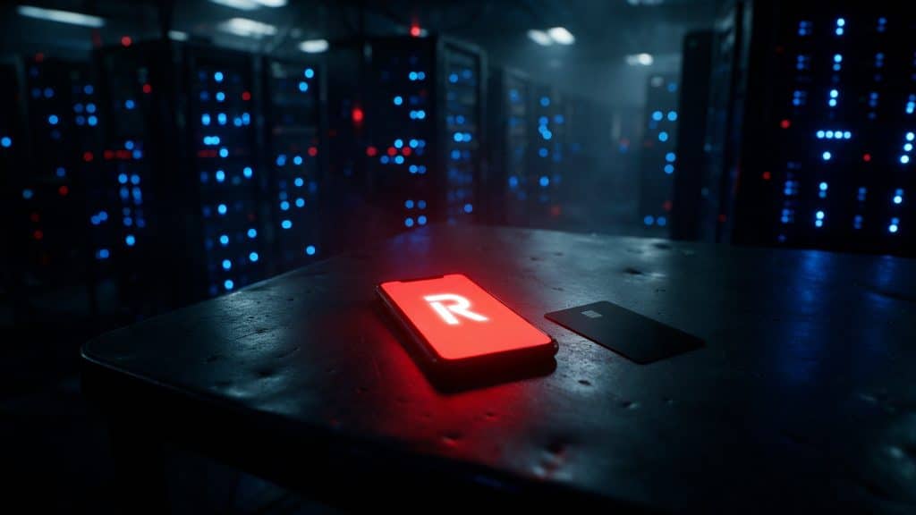 Revolut-logóval, piros képernyővel világító okostelefon és bankkártya egy sötét szerverteremben