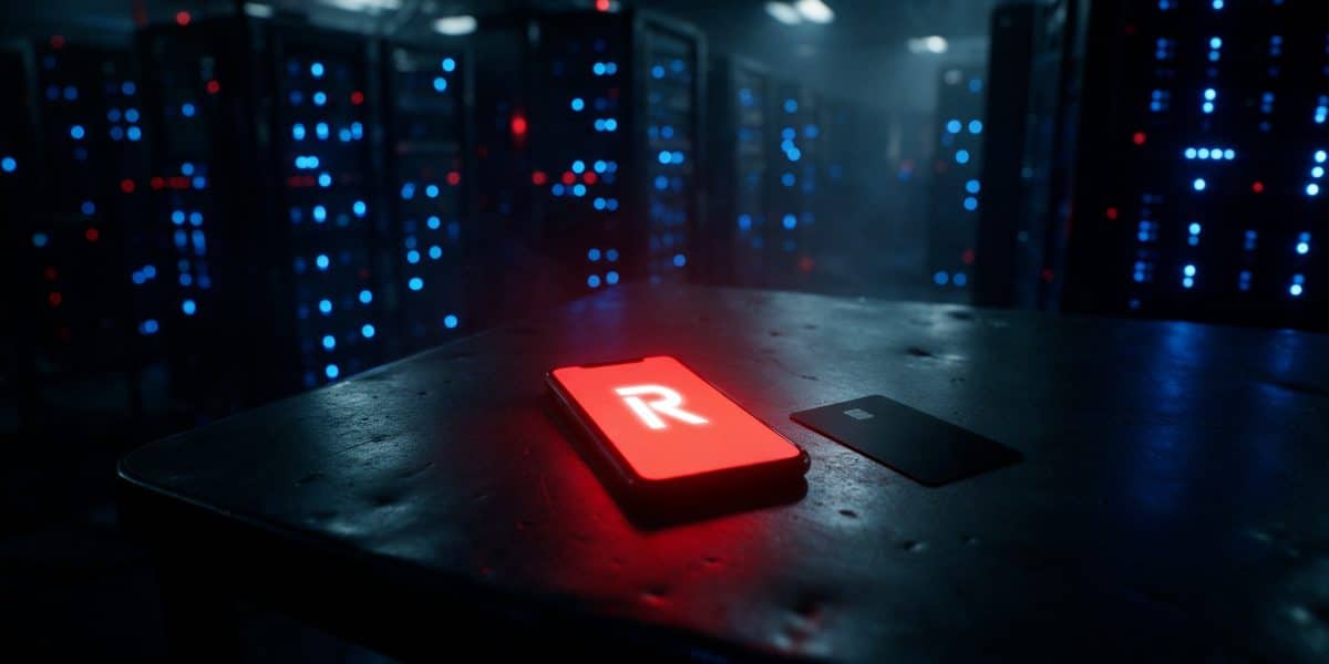 Revolut-logóval, piros képernyővel világító okostelefon és bankkártya egy sötét szerverteremben
