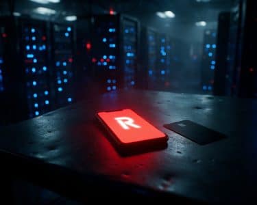 Revolut-logóval, piros képernyővel világító okostelefon és bankkártya egy sötét szerverteremben