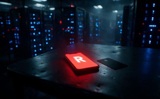 Revolut-logóval, piros képernyővel világító okostelefon és bankkártya egy sötét szerverteremben