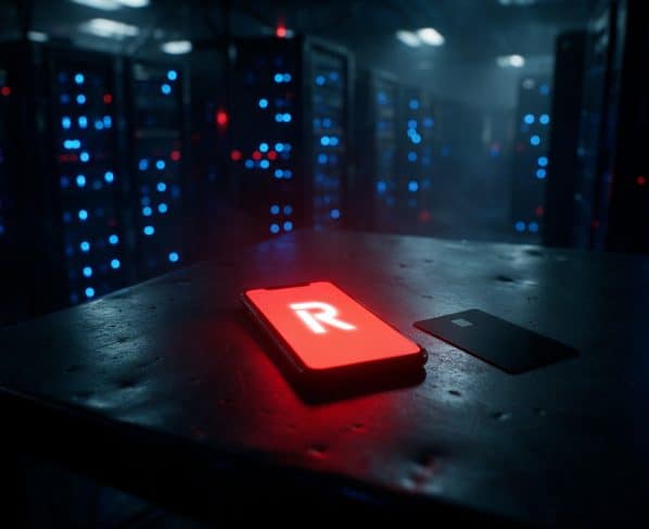 Revolut-logóval, piros képernyővel világító okostelefon és bankkártya egy sötét szerverteremben